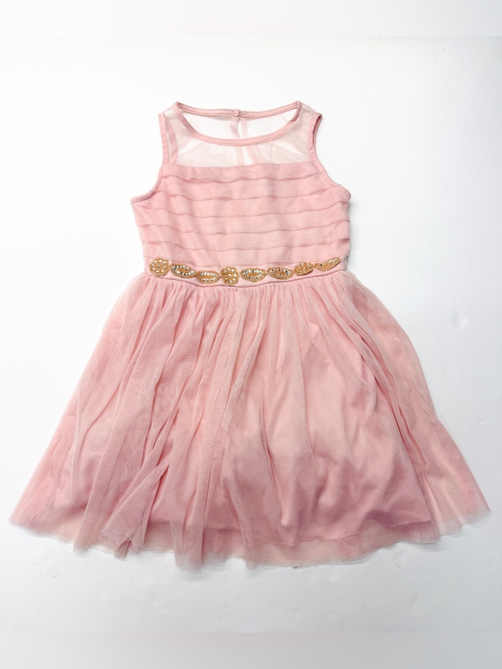 Sequin Hearts Girls Sleeveless Tulle Pink Party Dress with Gold Beaded Waist